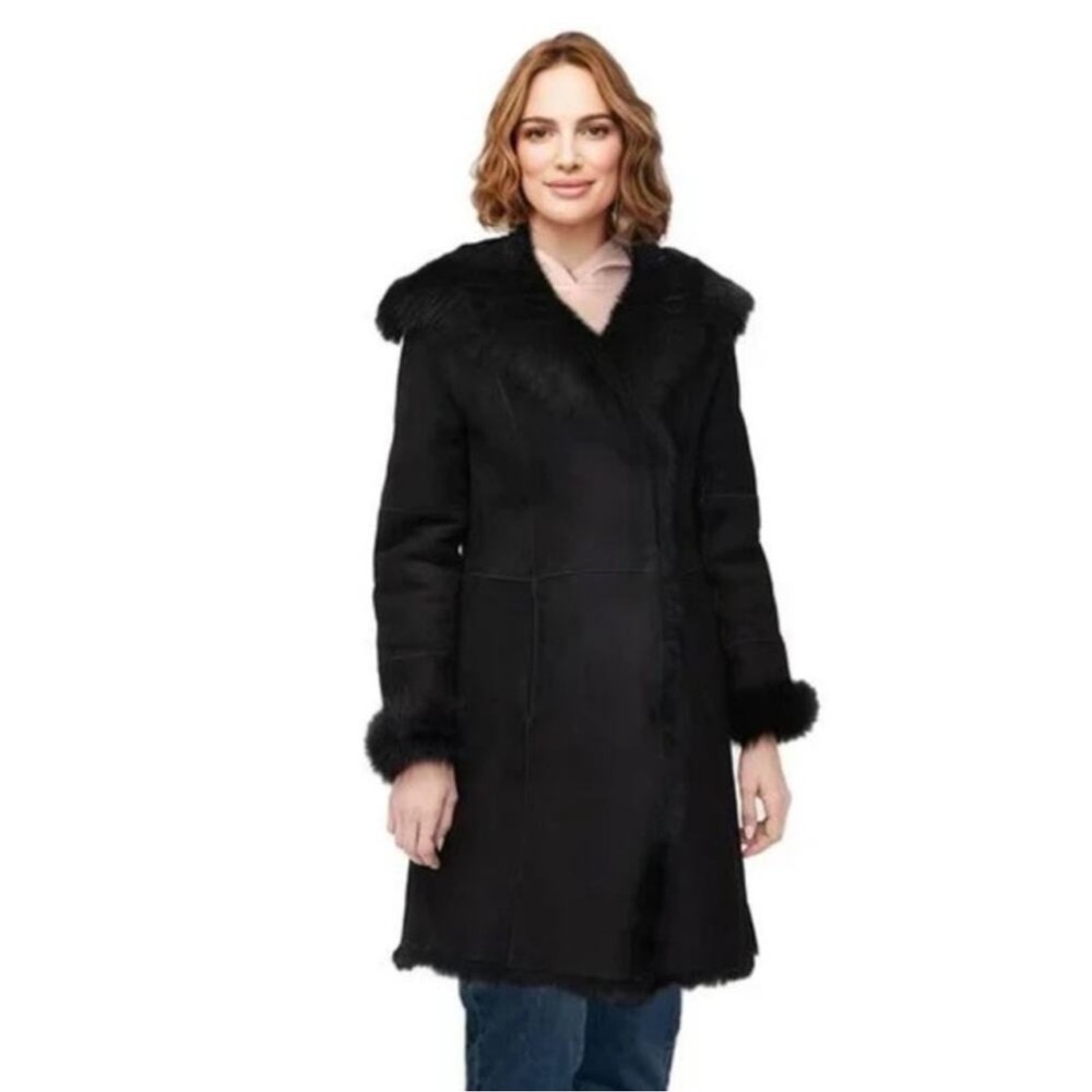 Ugg Vanesa Toscana Shearling Coat Womens Medium Black Leather Pockets Fur Lined